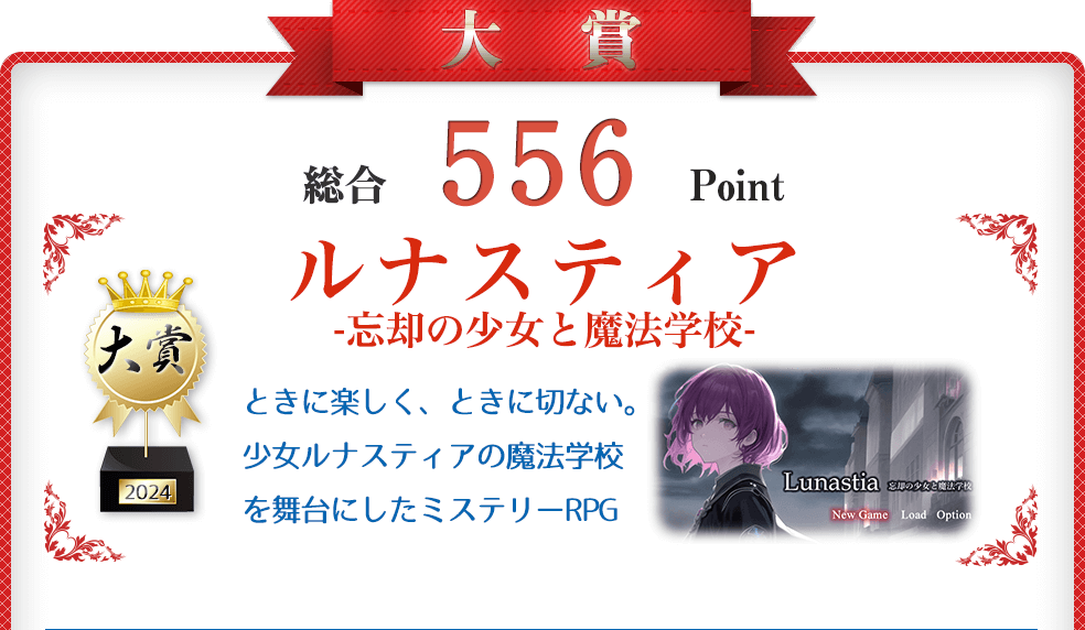 【大賞】ルナスティア -忘却の少女と魔法学校-(ときに楽しく、ときに切ない。少女ルナスティアの魔法学校RPG)総合556Point